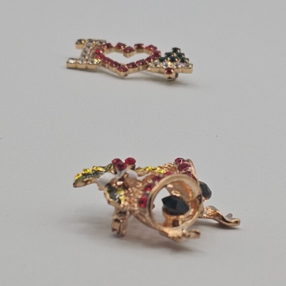 VTG 2PC Christmas Holiday Brooches Gold Silver Tone Colored Rhinestone Festive - Picture 7 of 14